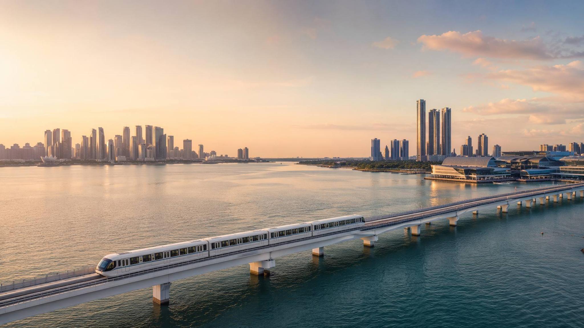 Artist's impression of an RTS Link train crossing the Johor Strait viaduct at dusk